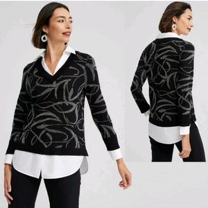 Chico's Black Silver Knit Woven Ribbon Print Sweater Faux Shirt Size 3 US XL 16